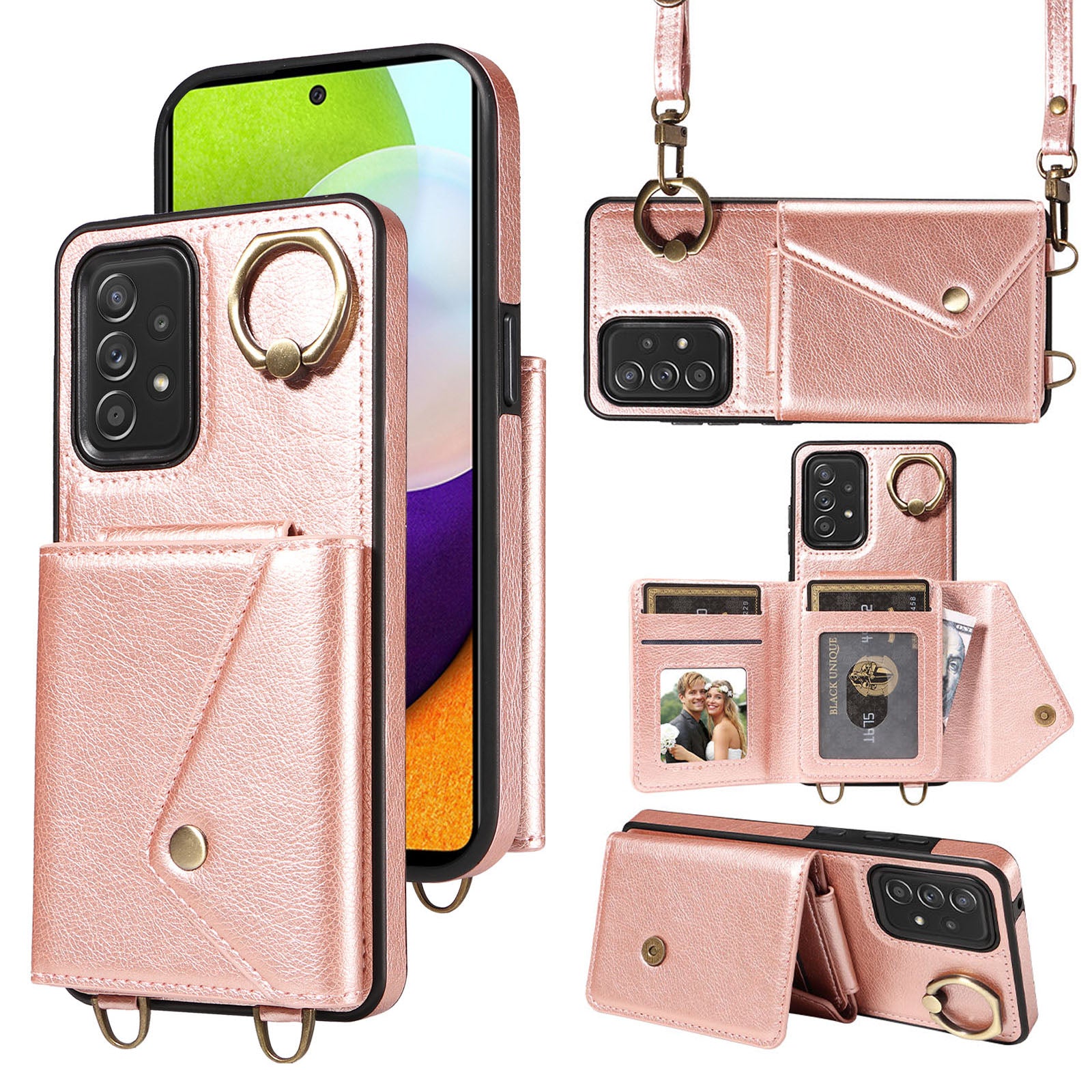 002 For Samsung Galaxy A52 4G A52 5G A52s 5G Card Bag Ring Kickstand Anti-drop Cover Litchi Texture Leather Coated TPU Phone Case with Shoulder Strap 002 For Samsung Galaxy A52 4G A52 5G A52s 5G Card Bag Ring Kickstand Anti-drop Cover Litchi Texture Leather Coated TPU Phone Case with Shoulder Strap